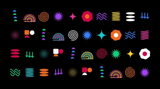 Abstract geometric shapes collection, colorful retro graphic elements on black background, vibrant minimalist icons for motion design
