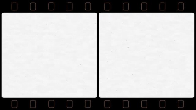 Two vintage film frames in a split screen with sprocket holes and noise on light. Use multiply blend mode to fill each frame with video.