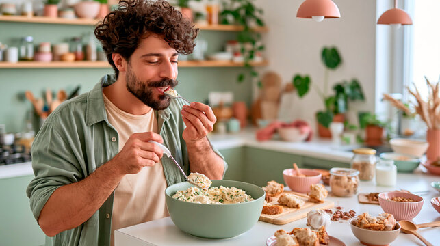 Young man tasting homemade creamy food while cooking in a bright modern kitchen, enjoying a casual foodtok recipe and healthy home lifestyle