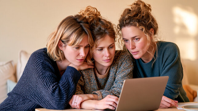 Three women sharing a focused girlhood moment while using a laptop together at home, representing friendship, connection, support and modern female bonding