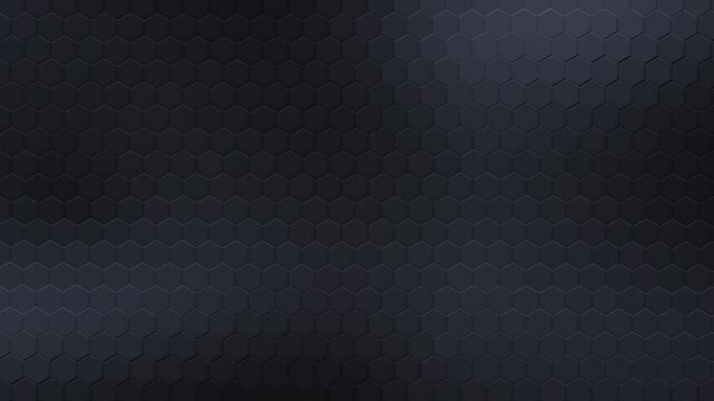 Dark hexagonal pattern background, abstract honeycomb grid animation for technology and gaming, sleek carbon fiber surface with subtle blue light