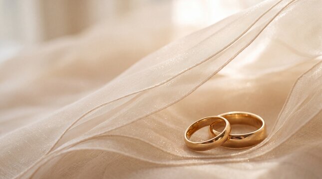 Golden wedding rings resting on delicate shimmering beige organza tulle veil fabric for Wedding Planner promotional materials and romantic bridal concept with copy space