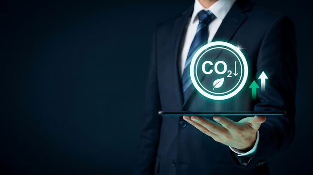 Businessman holding tablet with glowing CO2 reduction icon and green