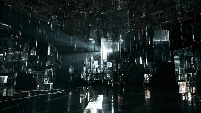 Moonlight shines through dozens of suspended glass panels at different angles, producing fragmented reflections and floating rectangular highlights inside a dark contemporary installation space