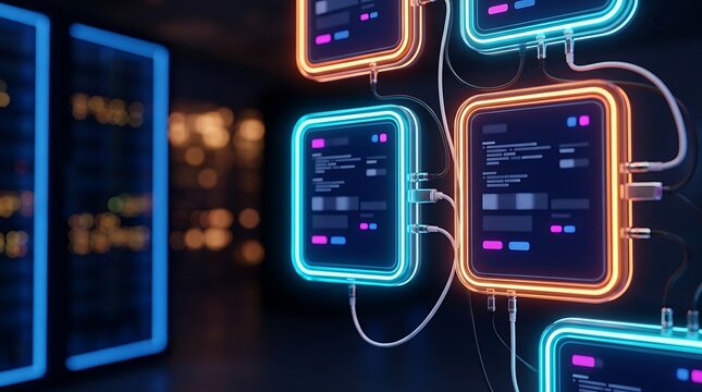 Neon-lit digital processing units with bright blue and orange glowing edges, interconnected by cables representing an advanced blockchain network infrastructure.