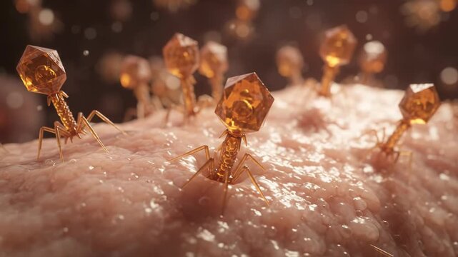 Bacterium infection showing bacteriophage virus attacking micro organism cell membrane, demonstrating microscopic pathogen activity.