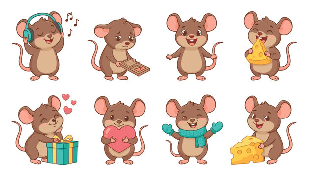 PrintCute cartoon mouse character set. Eating cheese, listening music, winter scarf, present box and red heart.