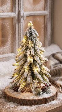 AI Generated Miniature Snowy Christmas Tree with Fairy Lights on Wooden Base