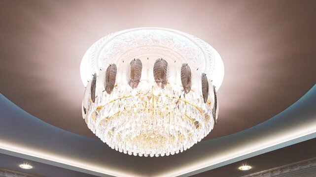 Elegant ceiling chandelier with cascading crystal strands and decorative feather accents; set against curved ceiling with soft beige and blue trim.
