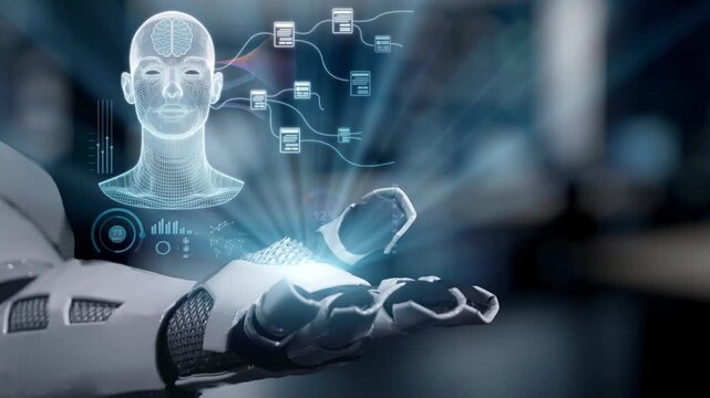 A robotic hand holds a holographic display featuring data streams and a human-like face, illustrating the fusion of technology and human interaction in a modern setting. Salient