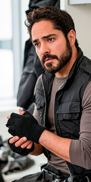 Serious bearded man wearing fingerless gloves and tactical vest indoors, showing focused confident expression and rugged masculine style