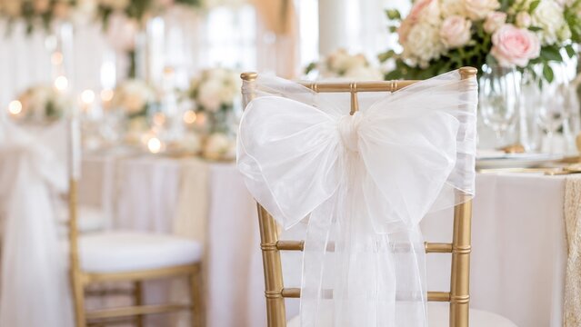 Gold chiavari chair adorned with large white organza bow at an elegant floral wedding reception table setting