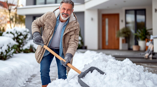 Smiling senior man shoveling fresh snow from the driveway outside a modern home, enjoying active winter yard work and seasonal outdoor maintenance