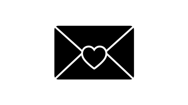 Black letter envelope icon featuring a romantic heart symbol shape design