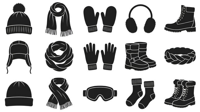 A collection featuring winter clothing items such as warm hats cozy scarves protective gloves sturdy boots and comfortable earmuffs in a black