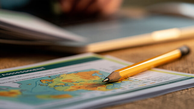 Close-up of a printed climate risk assessment with abstract heat maps and a simple pencil on a textured recycled paper desk, dramatic side lighting, climate adaptation planning,