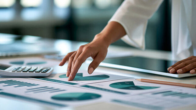 Business analyst comparing financial performance data with environmental indicators on printed reports spread across a minimalist desk, calculator and pencil aligned beside the