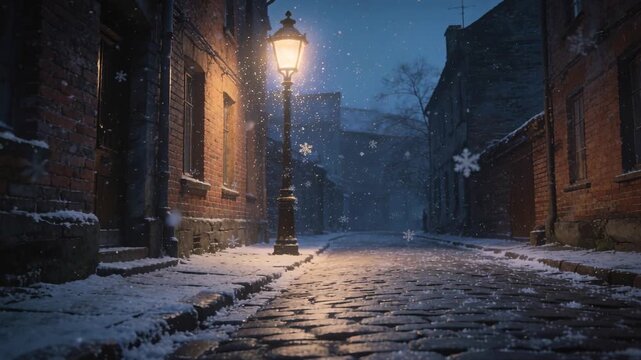 Glowing lamppost casting warm light along narrow cobblestone street at twilight, snowfall beginning