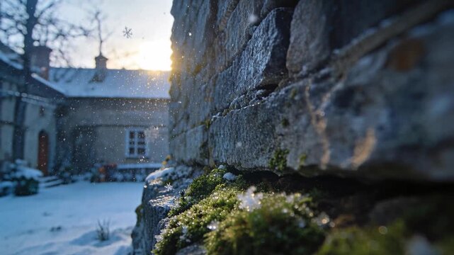 Drifting light snow carrying hexagonal snowflake toward green moss patch on stone wall, copy space