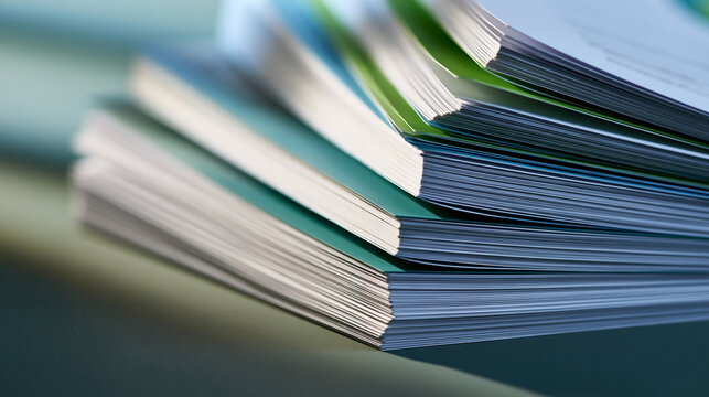 Abstract close-up of a neatly organized stack of white documents with subtle green and blue chart edges, crisp paper fibers and soft shadows, transparent reporting concept,