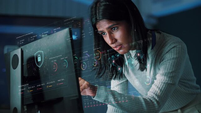 Data protection technology, young woman developer at computer with shield lock hologram overlay