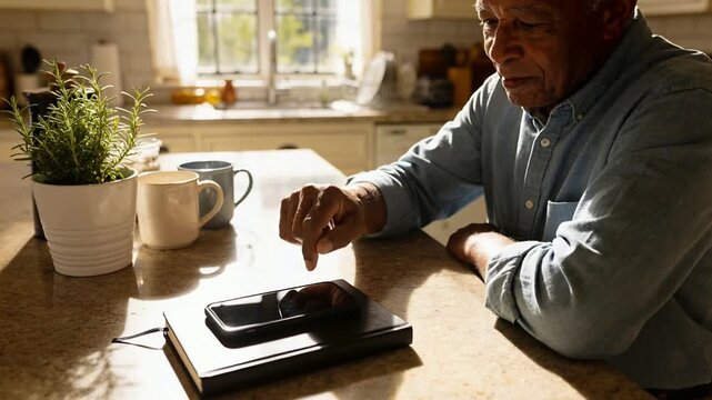 Index finger tapping senior man in light shirt, checking phone on black notebook at kitchen counter