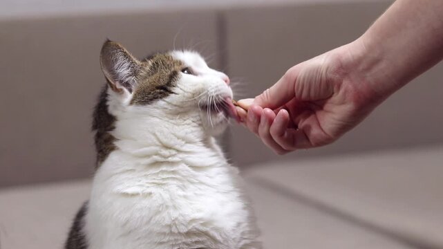 The owner gives the cat vitamins or probiotics from the hands, animal health care, strengthening immunity and treatment with probiotics. The process of treating a domestic cat