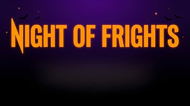 Spooky halloween night of frights text banner design with bats and glowing orange typography on dark purple background