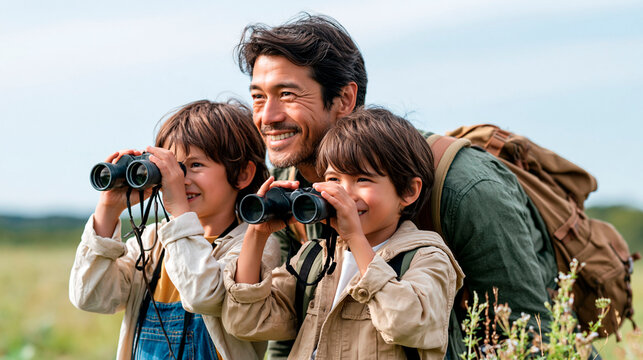Happy father and two children exploring nature with binoculars during an outdoor family adventure, enjoying wildlife observation, hiking and discovery