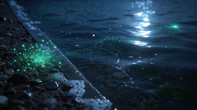 Small wave lifting, green glowing cluster and trailing specks drifting toward moonlit water