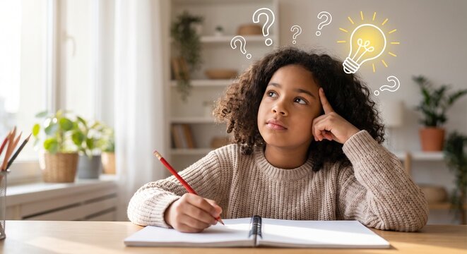 Young schoolgirl thinking while doing homework indoors with question marks and bright lightbulb illustration above head representing creativity inspiration and problem solving