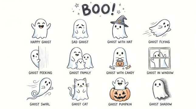 Set of cute cartoon ghosts for halloween, collection of funny spectral characters with different expressions and activities isolated on white background