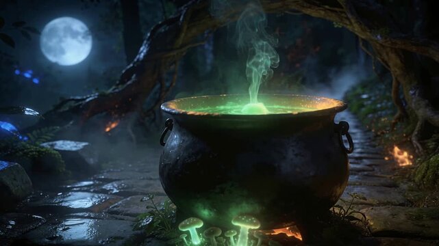 Bubbling cauldron emitting green smoke as flame emerging under, mushrooms glowing on wet cobbles