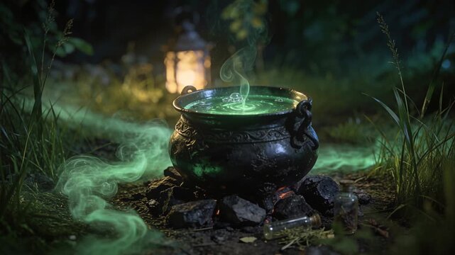 Bubbling ornate metal cauldron heated by embers, brewing glowing green potion in forest clearing