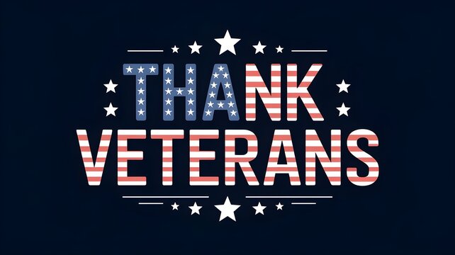 Thank veterans typography design with american flag pattern, patriotic stars and stripes graphic for veterans day celebration on dark blue background
