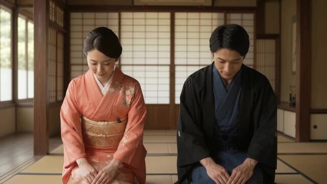 Couple bowing in kimono, Japan haori and obi formal dress, Coral pink floral silk and indigo jacket, Young adult couple sharing a respectful greeting in a timber interior