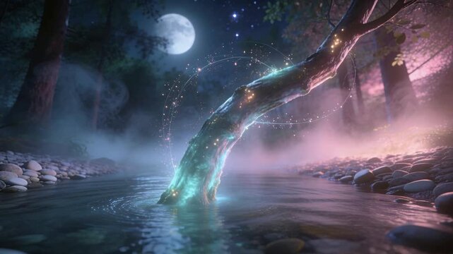 Glow intensifying, bent tree limb sending turquoise sparks and making ripples on shallow stream