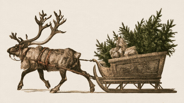 vintage vintage style engraving illustration of reindeer pulling wooden sleigh filled with pine Christmas trees festive winter holiday season graphic isolated element on plain background art