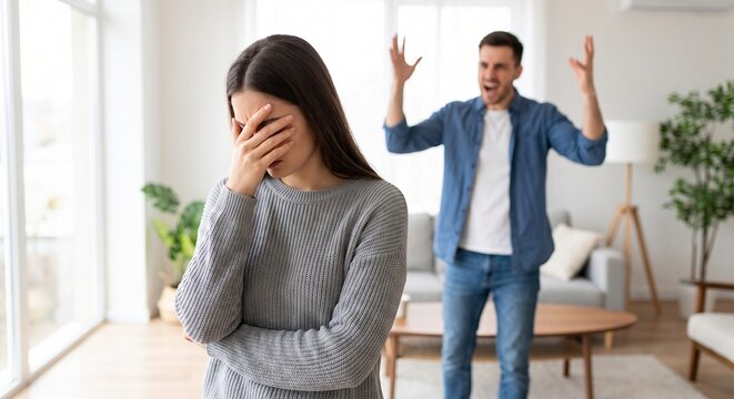 Upset young woman crying during domestic argument while her angry partner is shouting and gesturing aggressively in the living room at home