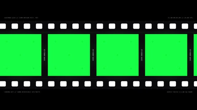 35mm film strip with green screen frames, timecode, and chroma key vfx matte template