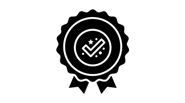 Black badge emblem icon with checkmark symbol and ribbon decoration