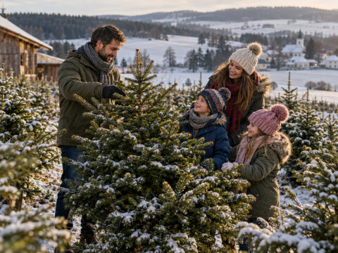 Weihnachten in Tschechien: Eltern und zwei Kinder suchen gemeinsam einen Weihnachtsbaum auf einer verschneiten Plantage aus. Ein Dorf mit Kirche und sanfte H&uuml;gel bilden die l&auml;ndliche Kulisse.