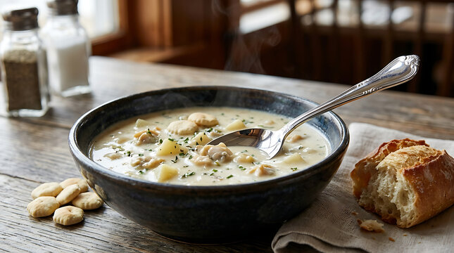Photorealistic New England clam chowder, creamy ivory soup filled with tender clams, diced potatoes and herbs, served in a rustic ceramic bowl with oyster crackers and crusty bread
