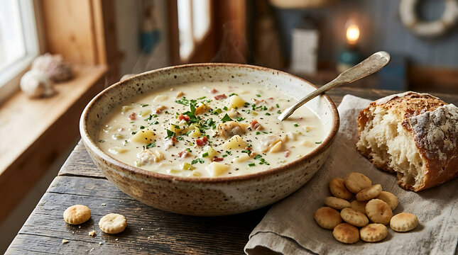 Photorealistic New England clam chowder, creamy ivory soup filled with tender clams, diced potatoes and herbs, served in a rustic ceramic bowl with oyster crackers and crusty bread