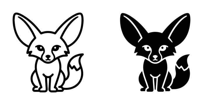 Fennec fox line icon and filled silhouette for desert wildlife