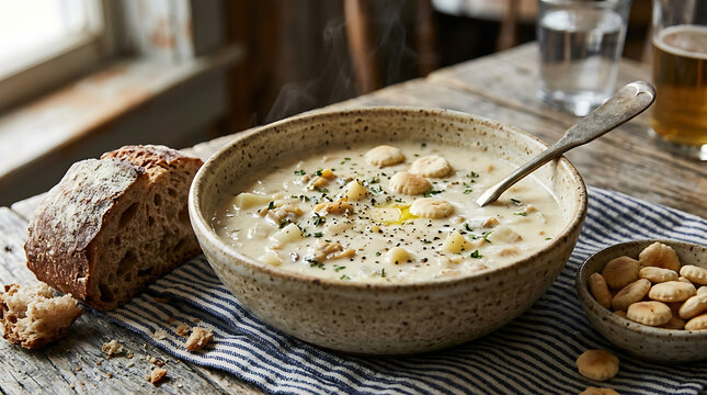 Photorealistic New England clam chowder, creamy ivory soup filled with tender clams, diced potatoes and herbs, served in a rustic ceramic bowl with oyster crackers and crusty bread