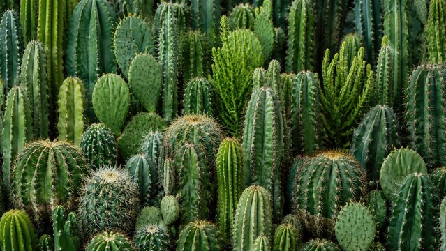Dense close-up of diverse green cacti and succulents showing varied shapes, spines, ribs, and textures