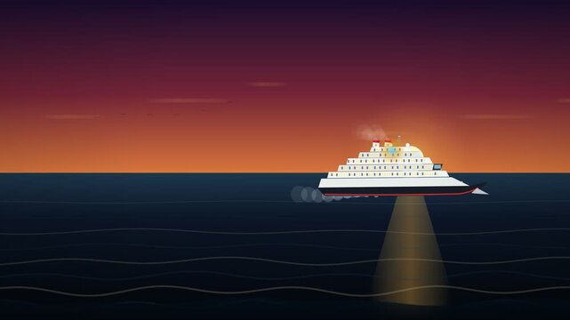 Cruise Ship Sailing Across the Calm Ocean at Sunset 2D Animation