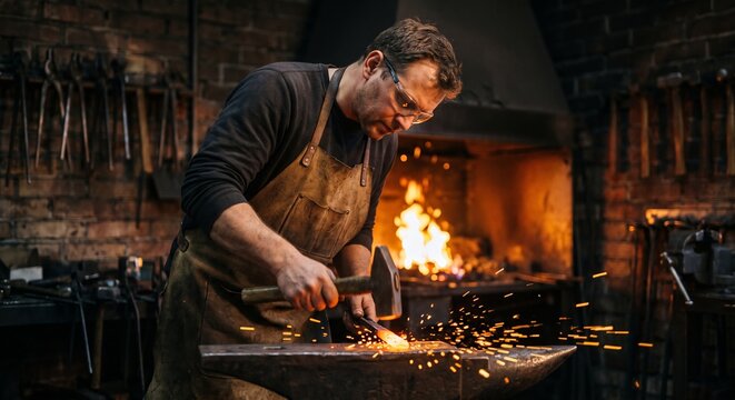 Blacksmith forging hot iron with a hammer on an anvil while sparks fly around in a traditional metal workshop with a burning furnace