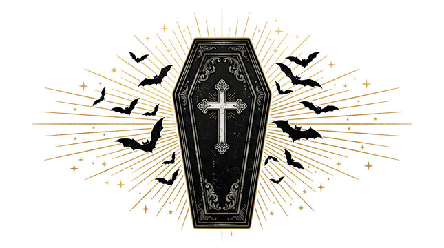 Black coffin with bats flying around in night sky